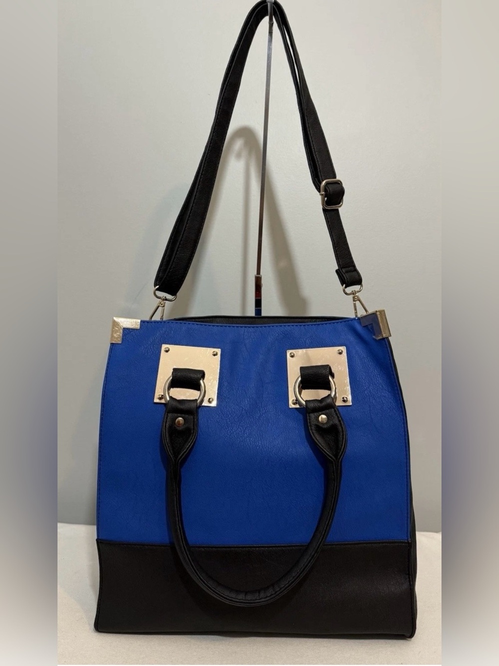 Blue Tote Bag Faux Leather Crossbody Purse Black Trim Adjustable Strap